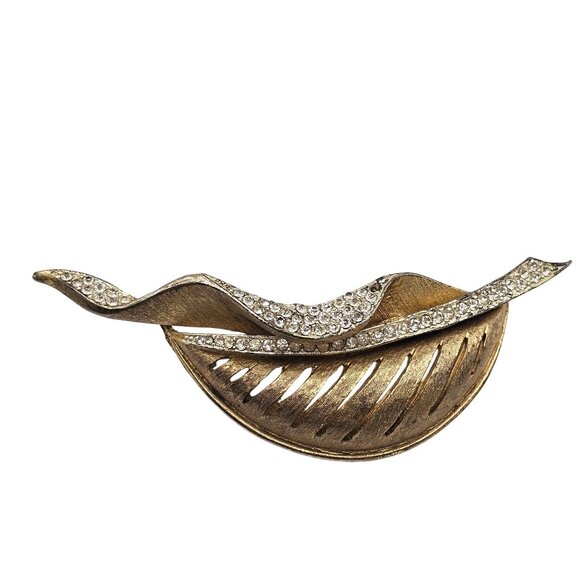 VTG Brooch Gold Tone Leaf Botanical Rhinestone Falling Tree Autumn Fall Harvest - Picture 1 of 13